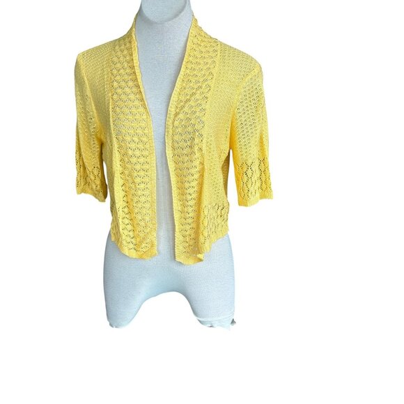 Nina Leonard Bright Yellow Lace Mesh Trim Open Drape Cardigan Sweater Size M - Picture 1 of 7